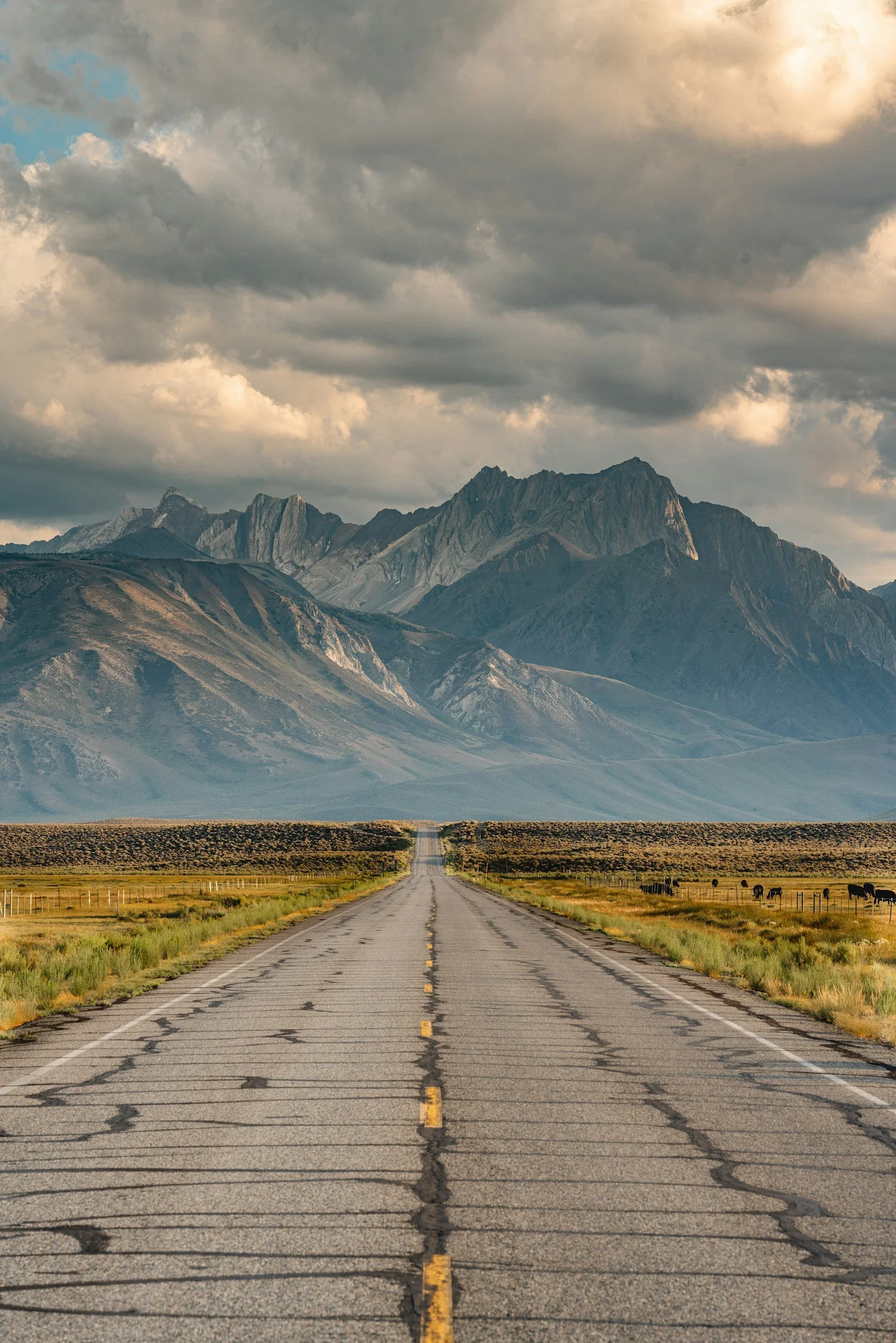 An empty road stretching toward mountains under a cloudy sky